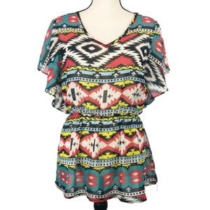 Rachel Kate Tribal Print Lightweight Peplum Blouse